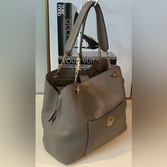 Tory Burch Gray Leather Shoulder Bag Tote - Picture 12 of 14